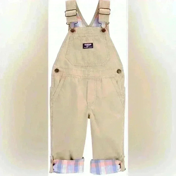 Toddler Lightweight Canvas Overalls Size 3T Adjustable Cuffs Khaki Plaid Cuffs - Picture 1 of 8